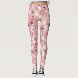 Pink Ghosts & Pumpkins Whimsical Halloween Leggings