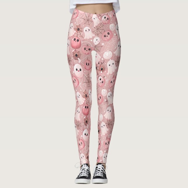 Pink Ghosts & Pumpkins Whimsical Halloween Leggings (Front)