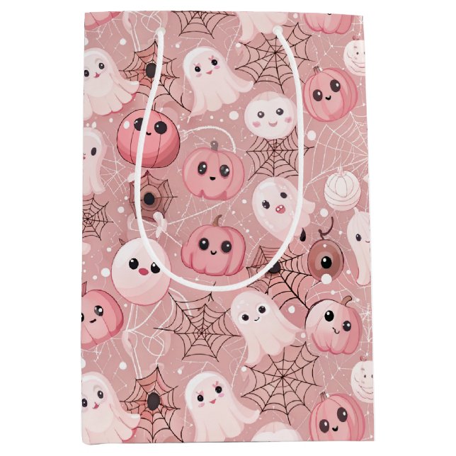 Pink Ghosts & Pumpkins Whimsical Halloween Medium Gift Bag (Front)