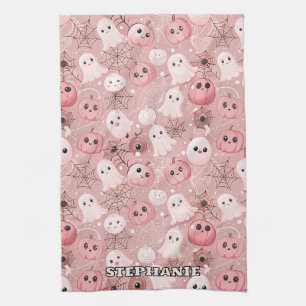 Pink Ghosts & Pumpkins Whimsical Halloween Tea Towel