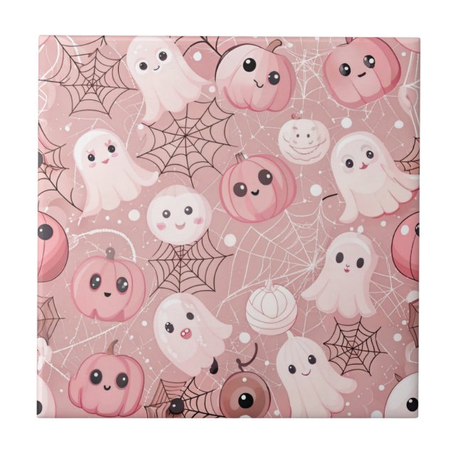 Pink Ghosts & Pumpkins Whimsical Halloween Tile (Front)