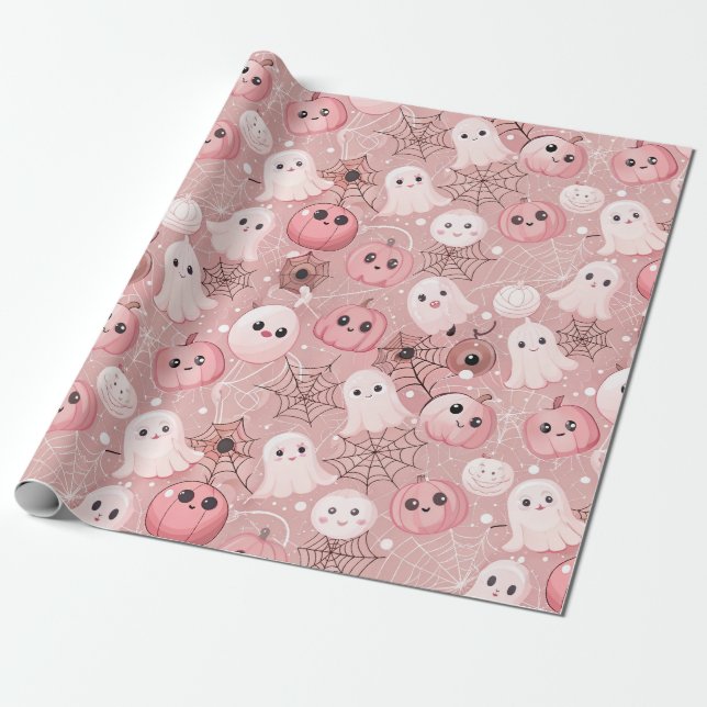 Pink Ghosts & Pumpkins Whimsical Halloween Wrapping Paper (Unrolled)