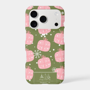 Pink Gift Box Olive Green Christmas Snowflake