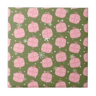 Pink Gift Box Olive Green Christmas Snowflake Tile