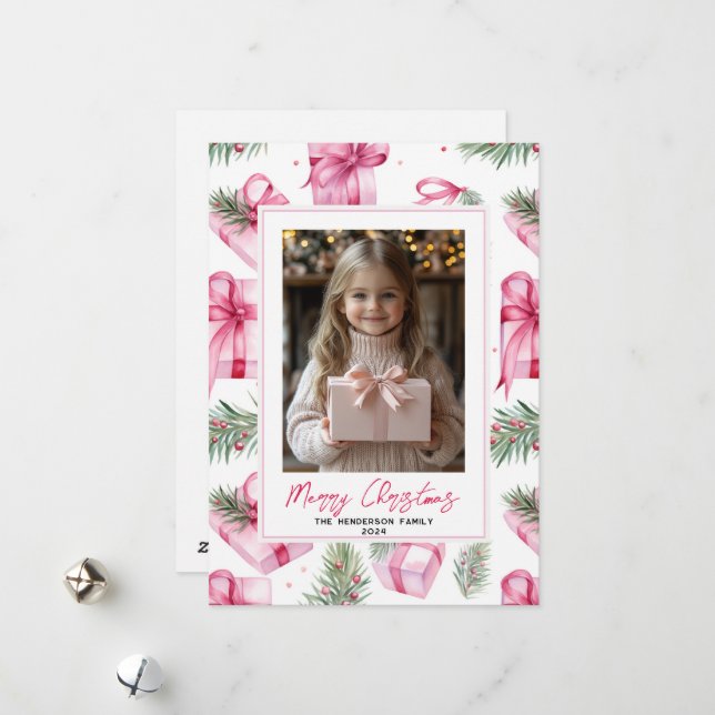 Pink Gifts & Bows Custom Christmas Photo & Name Holiday Card (Front/Back In Situ)