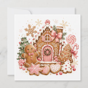 Pink Gingerbread Christmas Cottage with Candy Cane Card