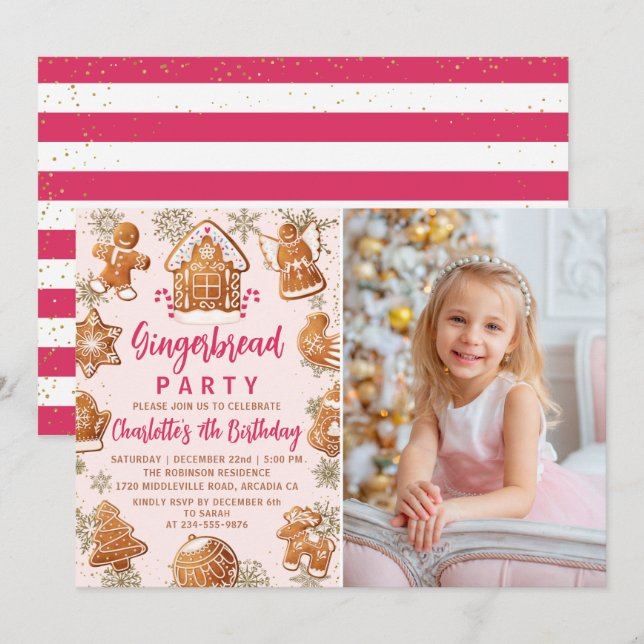 Pink Gingerbread Cookie Decorating Birthday Photo Invitation (Front/Back)