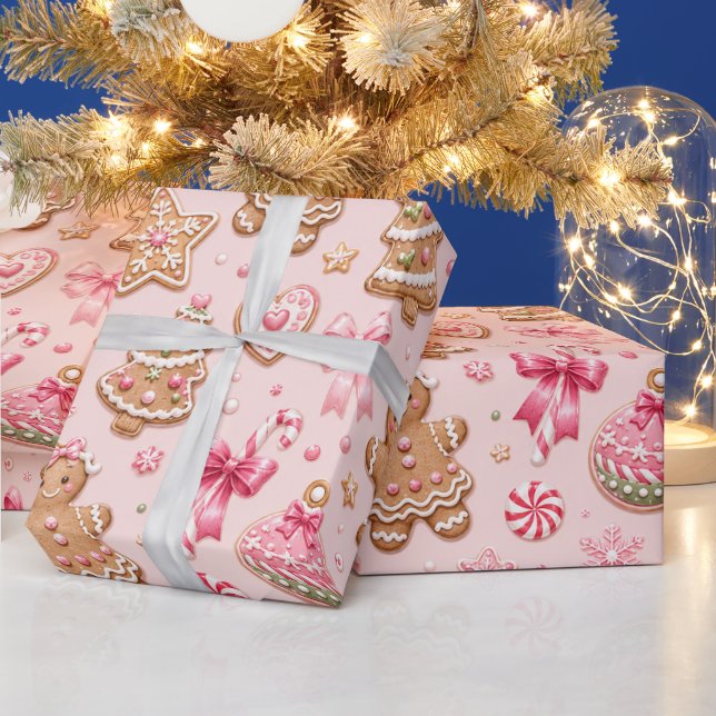 Pink Gingerbread Cookies & Bows Christmas Pattern Wrapping Paper (Holidays)