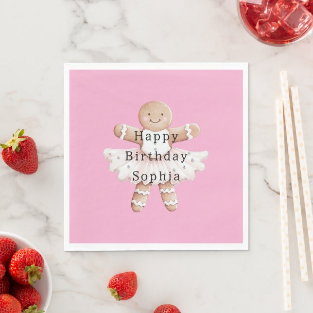 Pink Gingerbread Girl Ballerina Ballet Birthday Napkin (Insitu)
