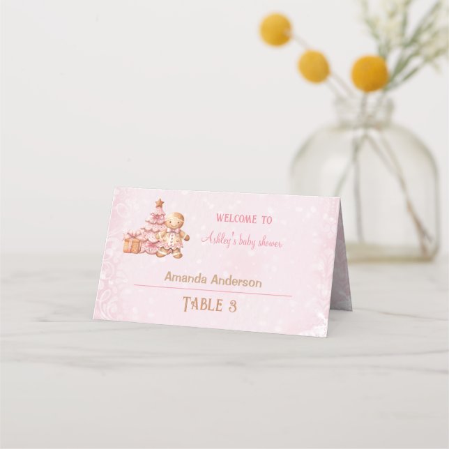 Pink Gingerbread Girl Christmas Baby Shower Tent Place Card (Front)