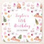 Pink Gingerbread House Birthday Party<br><div class="desc">This elegant and festive coaster features a watercolor gingerbread house,  gingerbread train,  cake stand,  cookie jar,  hot cocoa,  pink poinsettia flowers and Christmas trees. The text combines handwritten script and sans serif fonts for a stylish and modern look. This is perfect for Christmas birthday parties.</div>