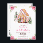 Pink Gingerbread House Birthday Party<br><div class="desc">This elegant and festive birthday party invitation features a watercolor gingerbread house and beautiful pink poinsettia flowers. The text combines handwritten script and sans serif fonts for a stylish and modern look. The snowman, decorated pine trees and holiday wreath add a festive touch. This is perfect for Christmas birthday parties....</div>