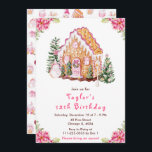 Pink Gingerbread House Birthday Party Invitation<br><div class="desc">This elegant and festive birthday party invitation features a watercolor gingerbread house and beautiful pink poinsettia flowers. The text combines handwritten script and sans serif fonts for a stylish and modern look. The snowman, decorated pine trees and holiday wreath add a festive touch. This is perfect for Christmas birthday parties....</div>