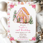 Pink Gingerbread House Birthday Party Invitation<br><div class="desc">This elegant and festive birthday party invitation features a watercolor gingerbread house and beautiful pink poinsettia flowers. The text combines handwritten script and sans serif fonts for a stylish and modern look. The snowman, decorated pine trees and holiday wreath add a festive touch. This is perfect for Christmas birthday parties....</div>