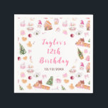 Pink Gingerbread House Birthday Party Napkin<br><div class="desc">This elegant and festive napkin features a watercolor gingerbread house,  gingerbread train,  cake stand,  cookie jar,  hot cocoa,  pink poinsettia flowers and Christmas trees. The text combines handwritten script and sans serif fonts for a stylish and modern look. This is perfect for Christmas birthday parties.</div>