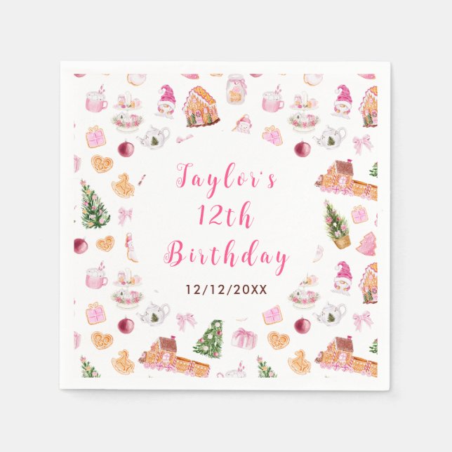 Pink Gingerbread House Birthday Party Napkin (Front)