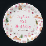 Pink Gingerbread House Birthday Party Paper Plate<br><div class="desc">This elegant and festive plate features a watercolor gingerbread house,  gingerbread train,  cake stand,  cookie jar,  hot cocoa,  pink poinsettia flowers and Christmas trees. The text combines handwritten script and sans serif fonts for a stylish and modern look. This is perfect for Christmas birthday parties.</div>
