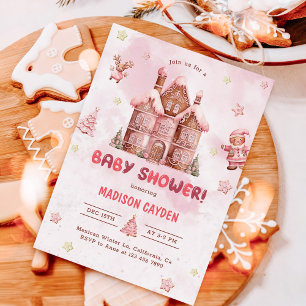 Pink Gingerbread House Christmas Baby Shower Invitation