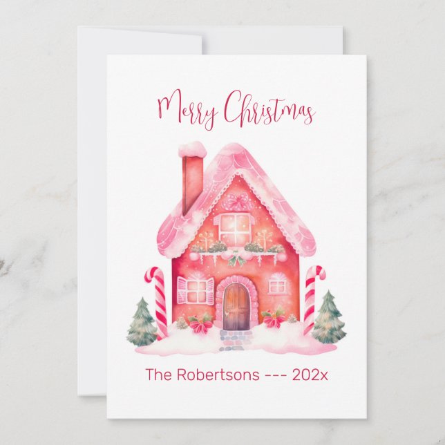 Pink Gingerbread House Christmas Card (Front)