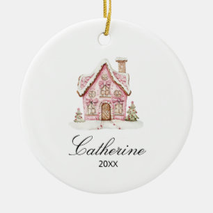 Pink Gingerbread House Christmas Custom Name Ceramic Tree Decoration