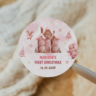 Pink Gingerbread House Christmas First Birthday Classic Round Sticker
