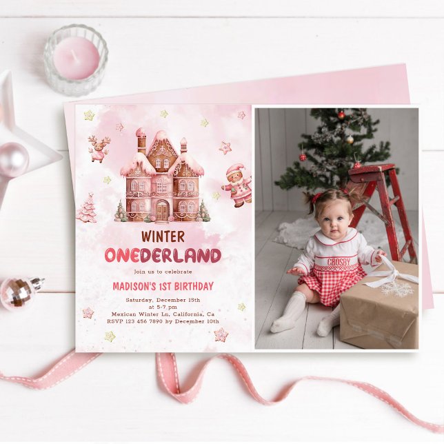 Pink Gingerbread House Christmas First Birthday  Invitation (Creator Uploaded)