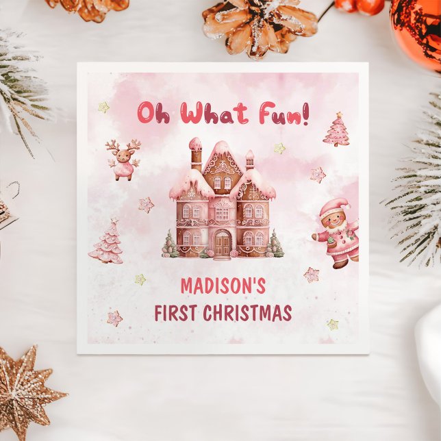 Pink Gingerbread House Christmas First Birthday Napkin (Creator Uploaded)