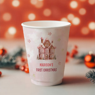 Pink Gingerbread House Christmas First Birthday Paper Cups