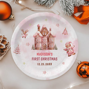 Pink Gingerbread House Christmas First Birthday Paper Plate