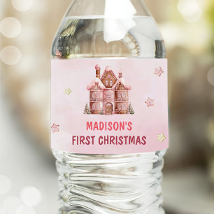 Pink Gingerbread House Christmas First Birthday Water Bottle Label