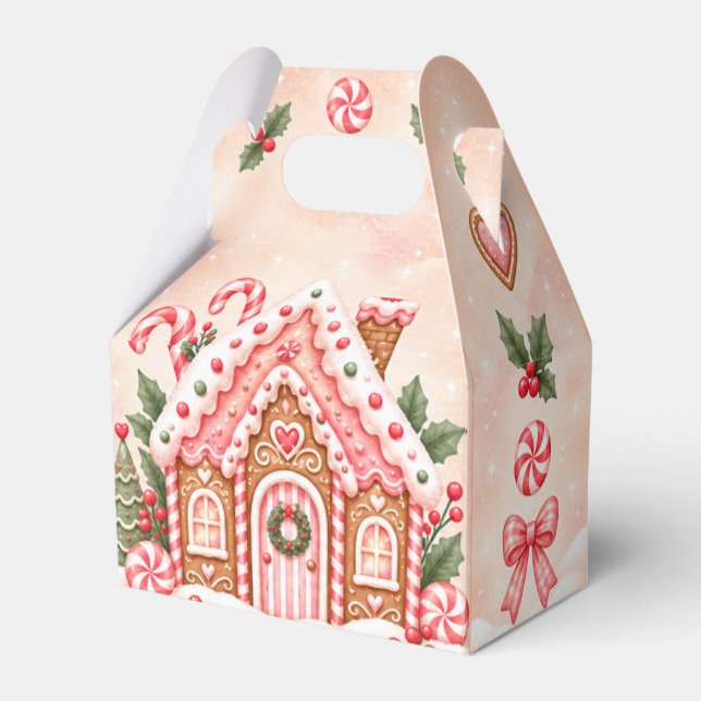 Pink Gingerbread House Christmas Party Favour Box (Front Side)