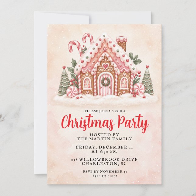 Pink Gingerbread House Christmas Party Invitation (Front)