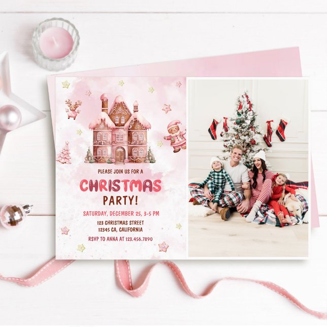 Pink Gingerbread House Christmas Party Photo Invitation (Creator Uploaded)