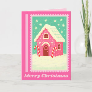 Pink Gingerbread House Christmas Postage Stamp Holiday Card