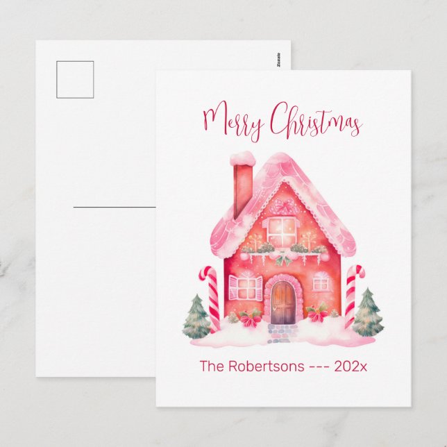 Pink Gingerbread House Christmas Postcard (Front/Back)
