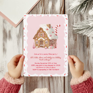 Pink Gingerbread House Cookie Exchange Invitation