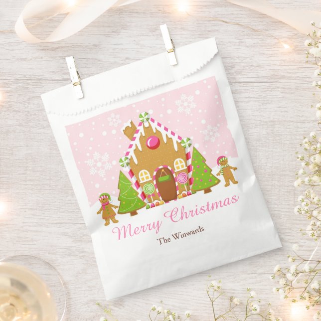 Pink Gingerbread House Decorating Christmas Party Favour Bags (Clipped)