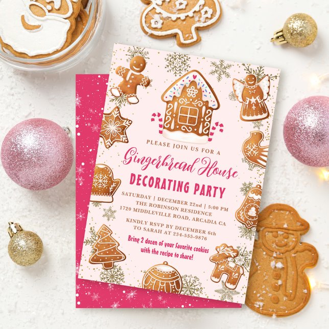 Pink Gingerbread House Decorating Party Christmas Invitation (Creator Uploaded)