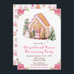 Pink Gingerbread House Decorating Party Invitation<br><div class="desc">This elegant and festive gingerbread house decorating party invitation features a watercolor gingerbread house and beautiful pink poinsettia flowers. The text combines handwritten script and sans serif fonts for a stylish and modern look. The snowman, decorated pine trees and holiday wreath add a festive touch. This is perfect for Christmas...</div>