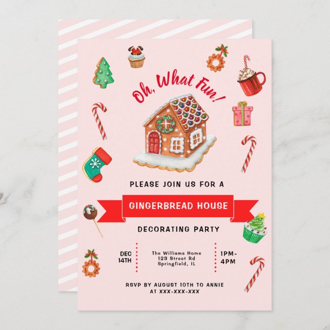 Pink Gingerbread House Decorating Party  Invitation (Front/Back)