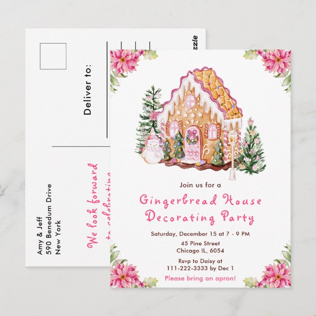 Pink Gingerbread House Decorating Party Postcard (Front/Back)