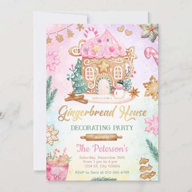 Pink Gingerbread House Decoration Party Invite (Front)
