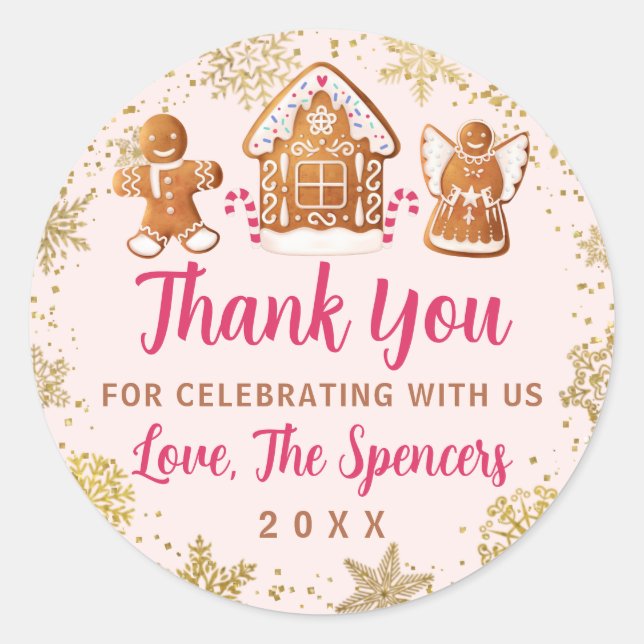 Pink Gingerbread House Holiday Party Thank You Classic Round Sticker (Front)