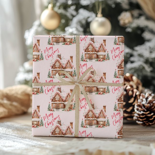 Pink Gingerbread House Merry Christmas  Wrapping Paper (Creator Uploaded)