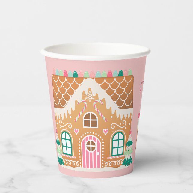 Pink Gingerbread House Paper Cups (Front)