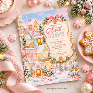 Pink Gingerbread House Sweet Holiday Celebration Invitation