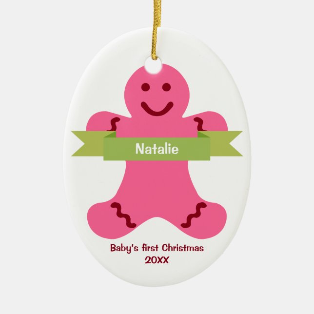 Pink gingerbread kid green banner name baby first ceramic tree decoration (Front)