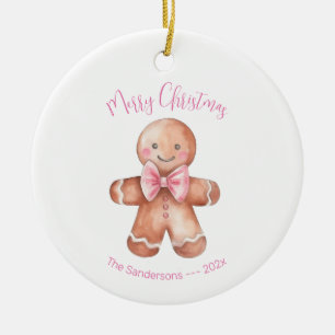Pink Gingerbread Man Christmas Ceramic Tree Decoration
