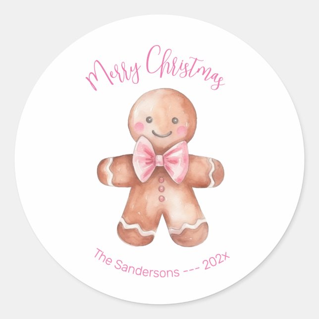 Pink Gingerbread Man Christmas  Classic Round Sticker (Front)