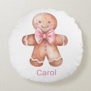 Pink Gingerbread Man Christmas  Round Cushion